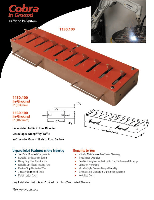 TireShark brand Traffic Spikes by TrafficSpikesUSA.com / Monsoon Mfg. LLC. One-way access control systems for road traffic, retractable tire poppers, Tiger Teeth, Cobra, Enforcer motorized spike strips for in-ground & surface installation, directional treadle systems for in-bound and out-bound pneumatic tires. Discount: apartment complex, shopping center, mall, airport, military base, factory and business to protect parking lot, employee, security, public access, commercial property. Contractors welcome.