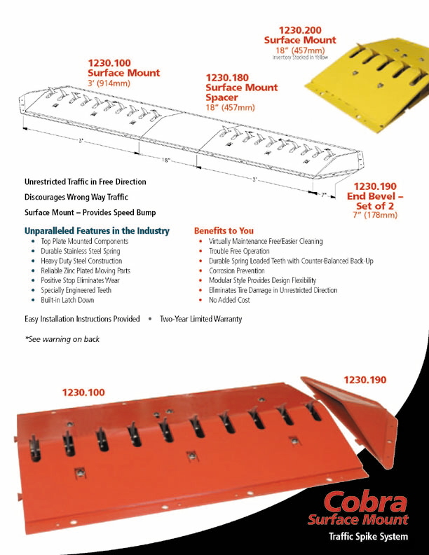 TireShark brand Traffic Spikes by TrafficSpikesUSA.com / Monsoon Mfg. LLC. One-way access control systems for road traffic, retractable tire poppers, Tiger Teeth, Cobra, Enforcer motorized spike strips for in-ground & surface installation, directional treadle systems for in-bound and out-bound pneumatic tires. Discount: apartment complex, shopping center, mall, airport, military base, factory and business to protect parking lot, employee, security, public access, commercial property. Contractors welcome.