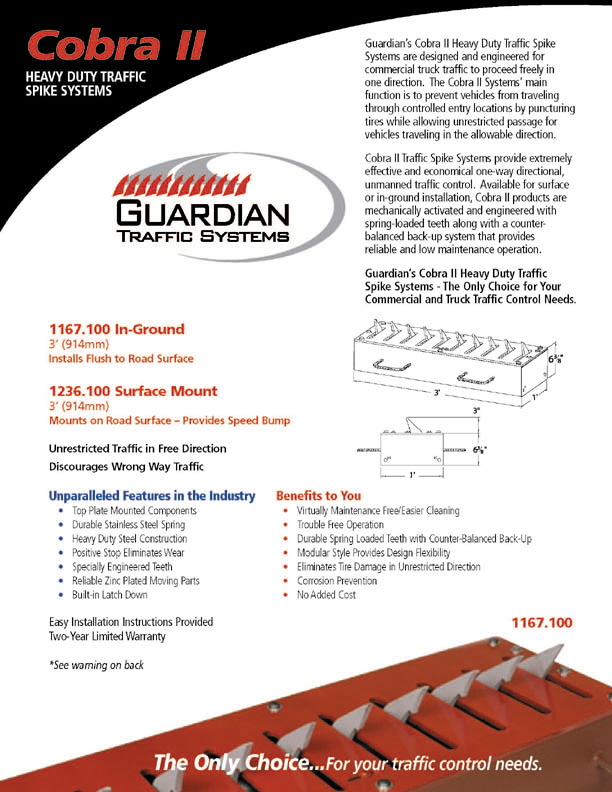 TireShark brand Traffic Spikes by TrafficSpikesUSA.com / Monsoon Mfg. LLC. One-way access control systems for road traffic, retractable tire poppers, Tiger Teeth, Cobra, Enforcer motorized spike strips for in-ground & surface installation, directional treadle systems for in-bound and out-bound pneumatic tires. Discount: apartment complex, shopping center, mall, airport, military base, factory and business to protect parking lot, employee, security, public access, commercial property. Contractors welcome.